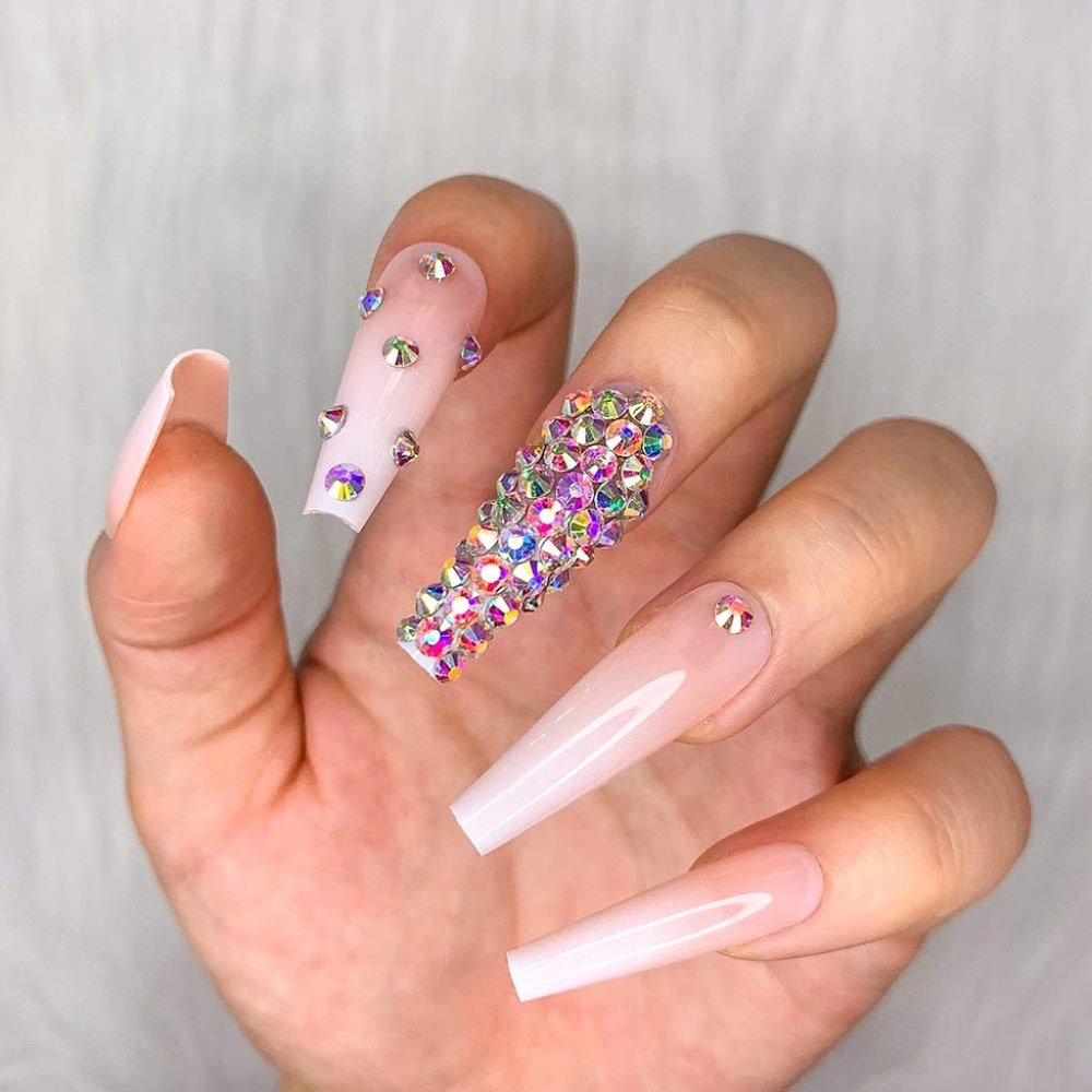 24pcs Glossy Pearl French Press on Nails 3D French Nude White Ballerina Diamond - Picture 2 of 4